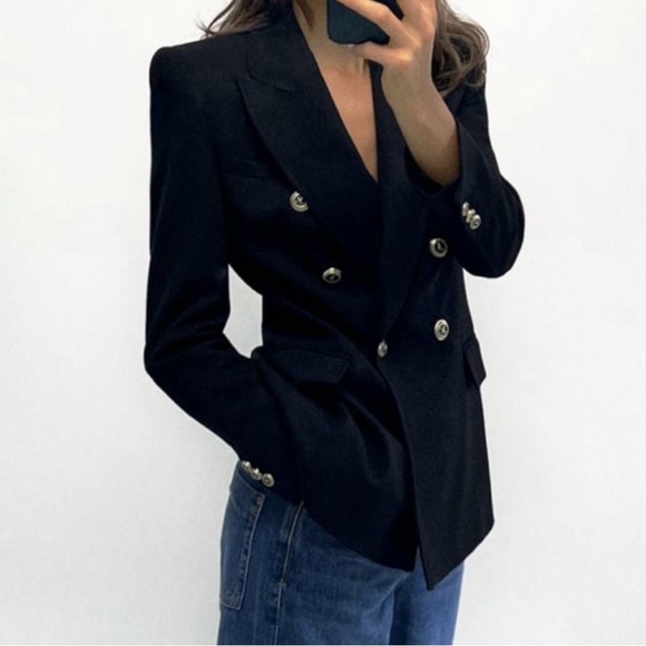 🔥NWT ZARA🔥Tailored Double Breasted Black Blazer - Picture 4 of 12